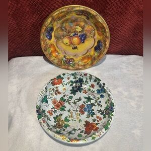 1971, 2 Vtg. Daher Decorated Ware, Metal Bowls, Round Floral & Fruit Bowl 10”